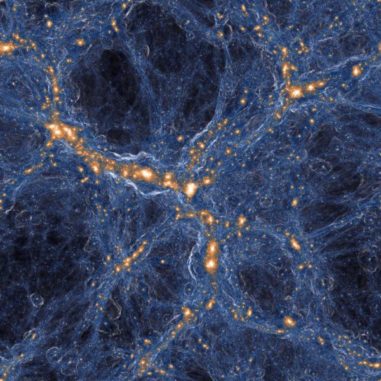 Simulation von Galaxien und Gas im Universum. Innerhalb der Gasfilamente (blau), die die Galaxien (orange) verbinden, gibt es Taschen aus unberührtem Gas. (Credits: TNG COLLABORATION) Simulation von Galaxien und Gas im Universum. Innerhalb der Gasfilamente (blau), die die Galaxien (orange) verbinden, gibt es Taschen aus unberührtem Gas. (Credits: TNG COLLABORATION)