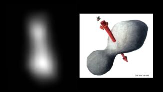 Links: Kompositbild aus zwei Bildern des Kuipergürtelobjekts Ultima Thule, aufgenommen von der Raumsonde New Horizons. Rechts: Künstlerische Darstellung des Objekts mit seiner Rotationsachse. (Credits: NASA / JHUAPL / SwRI; sketch courtesy of James Tuttle Keane)