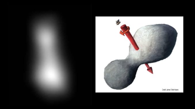 Links: Kompositbild aus zwei Bildern des Kuipergürtelobjekts Ultima Thule, aufgenommen von der Raumsonde New Horizons. Rechts: Künstlerische Darstellung des Objekts mit seiner Rotationsachse. (Credits: NASA / JHUAPL / SwRI; sketch courtesy of James Tuttle Keane) Links: Kompositbild aus zwei Bildern des Kuipergürtelobjekts Ultima Thule, aufgenommen von der Raumsonde New Horizons. Rechts: Künstlerische Darstellung des Objekts mit seiner Rotationsachse. (Credits: NASA / JHUAPL / SwRI; sketch courtesy of James Tuttle Keane)