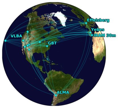 Das Global Millimeter VLBI Array (GMVA), ergänzt um ALMA. (Credit: S. Issaoun, Radboud University / D. Pesce, CfA)