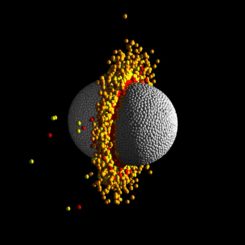 Diese Grafik zeigt ein Bild aus einer hydrodynamischen Simulation einer Frontalkollision zwischen zwei Planeten mit jeweils zehn Erdmassen bei hoher Geschwindigkeit. Der Temperaturbereich geht von kühl (grau) bis heiß (rot). (Credit: Zoe Leinhardt and Thomas Denman, University of Bristol)