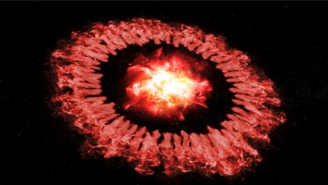 Künstlerische Darstellung der Supernova SN 1987A und ihrer Schockwelle, die ihren äußeren Ring durchquert und einen Großteil des Staubs zerstört (siehe das Video unten). (Credits: NASA / SOFIA / Symbolic Pictures / The Casadonte Group) Künstlerische Darstellung der Supernova SN 1987A und ihrer Schockwelle, die ihren äußeren Ring durchquert und einen Großteil des Staubs zerstört (siehe das Video unten). (Credits: NASA / SOFIA / Symbolic Pictures / The Casadonte Group)