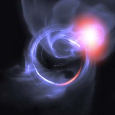 Visualisierung einer simulierten Ausbruchsaktivität und Materiewolken um das supermassive Schwarze Loch im galaktischen Zentrum. (Credits: ESO, Gfycat)