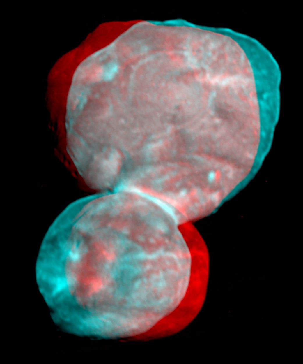 3D-Bild von Ultima Thule zum Anschauen mit einer 3D-Brille. (Credits: NASA / Johns Hopkins University Applied Physics Laboratory / Southwest Research Institute / National Optical Astronomy Observatory)