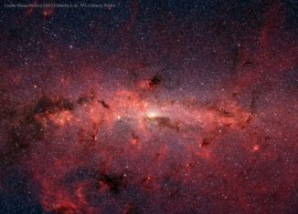 Infrarotbild des Zentrums unserer Galaxie, aufgenommen vom Weltraumteleskop Spitzer. (Credits: Susan Stolovy (SSC / Caltech) et al., NASA Spitzer / IRAC))