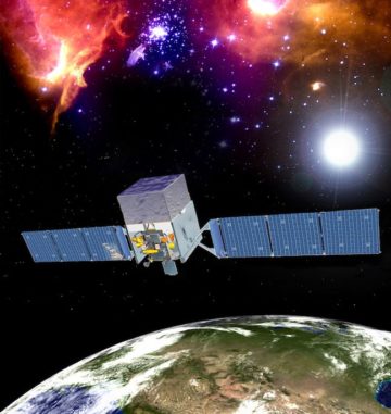 Künstlerische Darstellung des Weltraumteleskops Fermi im Orbit. Fermi beobachtet im Gammabereich des elektromagnetischen Spektrums zum Beispiel Gamma-Blazare. (Credits: NASA / Fermi) Künstlerische Darstellung des Weltraumteleskops Fermi im Orbit. Fermi beobachtet im Gammabereich des elektromagnetischen Spektrums zum Beispiel Gamma-Blazare. (Credits: NASA / Fermi)