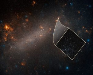 Ein Bild der Großen Magellanschen Wolke. Das kleine Bild stammt vom Hubble-Teleskop und zeigt viele Sternhaufen in der Zwerggalaxie. Zu den Sternen gehören auch Cepheiden, die für die Messung der Distanzen herangezogen werden. (Credits: NASA, ESA, A. Riess (STScI / JHU) and Palomar Digitized Sky Survey)