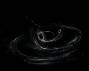 Künstlerische Darstellung zweier aufeinanderzu spiralender Schwarze Löcher kurz vor der Verschmelzung. (Credits: LIGO / Caltech / MIT / Sonoma State (Aurore Simonnet))