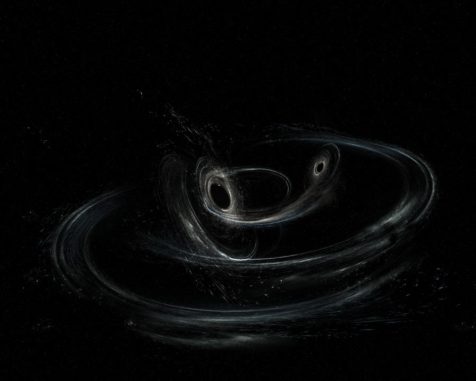 Künstlerische Darstellung zweier aufeinanderzu spiralender Schwarze Löcher kurz vor der Verschmelzung. (Credits: LIGO / Caltech / MIT / Sonoma State (Aurore Simonnet)) Künstlerische Darstellung zweier aufeinanderzu spiralender Schwarze Löcher kurz vor der Verschmelzung. (Credits: LIGO / Caltech / MIT / Sonoma State (Aurore Simonnet))