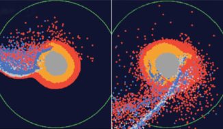 Einzelbilder aus der Simulation der Mondentstehung durch einen gigantischen Einschlag. In der Bildmitte liegt die Proto-Erde. Rot kennzeichnet Material aus dem Magmaozean der Proto-Erde. Blau markiert Material des Impaktors. (Credit: Hosono, Karato, Makino, and Saitoh)