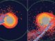 Einzelbilder aus der Simulation der Mondentstehung durch einen gigantischen Einschlag. In der Bildmitte liegt die Proto-Erde. Rot kennzeichnet Material aus dem Magmaozean der Proto-Erde. Blau markiert Material des Impaktors. (Credit: Hosono, Karato, Makino, and Saitoh)