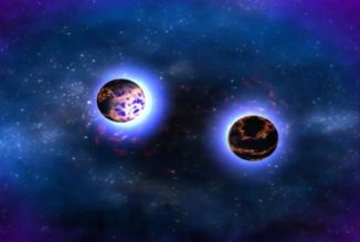 Standbild aus einer Simulation, die den Ablauf einer Kollision zwischen zwei Neutronensternen beschreibt. (Credits: NASA / Goddard Space Flight Center)