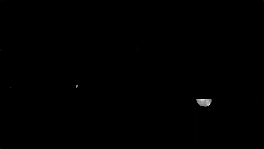 Dieses Video zeigt drei Bilder des Marsmondes Phobos in sichtbarem Licht, aufgenommen von der Raumsonde Mars Odyssey. Die Ursache für die scheinbare Bewegung ist die Bewegung der Raumsonde, nicht die Bewegung des Mondes selbst. (Credits: NASA / JPL-Caltech / ASU / SSI)