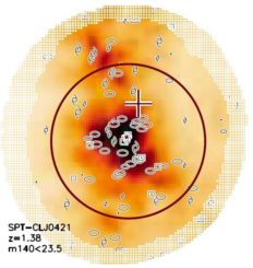 Diese Karte zeigt die Galaxiendichte in dem massereichen Galaxienhaufen SPT-CLJ0421. (Credits: Strazzullo et al. 2019)