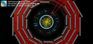 Eine Proton-Proton-Kollision, bei der ein Myon-Antimyon-Paar (rot), ein Photon (grün) und ein fehlender Impuls entstanden. (Credits: Image: CERN)