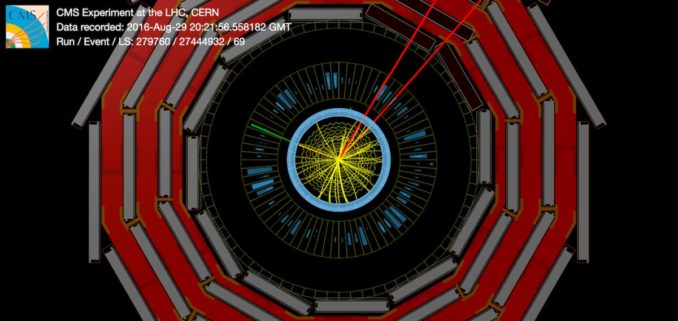 Eine Proton-Proton-Kollision, bei der ein Myon-Antimyon-Paar (rot), ein Photon (grün) und ein fehlender Impuls entstanden. (Credits: Image: CERN) Eine Proton-Proton-Kollision, bei der ein Myon-Antimyon-Paar (rot), ein Photon (grün) und ein fehlender Impuls entstanden. (Credits: Image: CERN)