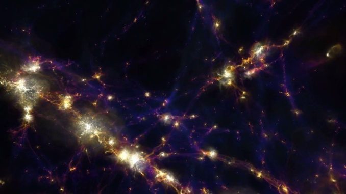 Illustris-TNG-Simulation von Sternen im heutigen Universum. (Credits: The TNG Collaboration) Illustris-TNG-Simulation von Sternen im heutigen Universum. (Credits: The TNG Collaboration)