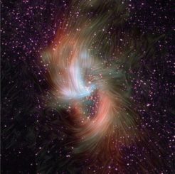 Die Linien zeigen die Richtung der Magnetfelder in der Umgebung des supermassiven Schwarzen Lochs im Zentrum der Milchstraßen-Galaxie an. Das Bild basiert auf SOFIA-Beobachtungen, die einer Hubble-Aufnahme überlagert wurden. (Credits: Dust and magnetic fields: NASA / SOFIA; Star field image: NASA / Hubble Space Telescope)