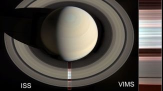 Das Falschfarbenbild rechts zeigt eine Spektralkarte der Saturnringe A, B und C in infraroten Wellenlängen. (Credit: Infrared image credit: NASA / JPL-Caltech / University of Arizona / CNRS / LPG-Nantes; Saturn image credit: NASA / JPL-Caltech / Space Science Institute / G. Ugarkovic)
