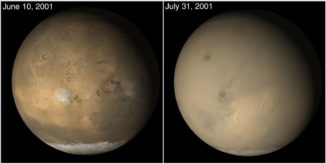 Staubstürme auf dem Mars im Juni/Juli 2001, aufgenommen vom Mars Global Surveyor. (Credits: NASA / JPL-Caltech / Malin Space Sciences Systems)