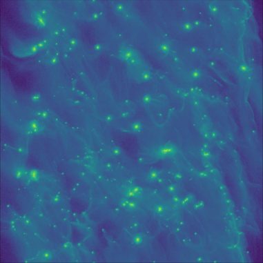 3D-Simulation des Strömungsinstabilitätsmodells der Planetenentstehung, bei dem das Verklumpen von Teilchen den Gravitationskollaps zu Planetesimalen auslöst. (Credits: Courtesy of Steward Observatory / University of Arizona / Li / Youdin) 3D-Simulation des Strömungsinstabilitätsmodells der Planetenentstehung, bei dem das Verklumpen von Teilchen den Gravitationskollaps zu Planetesimalen auslöst. (Credits: Courtesy of Steward Observatory / University of Arizona / Li / Youdin)