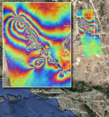 Karte der Oberflächendeformationen im Süden Kaliforniens aufgrund der Erdbeben vom 4. und 5. Juli 2019. (Credits: NASA / JPL-Caltech)