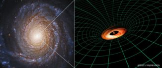 Hubble-Aufnahme der Spiralgalaxie NGC 3147. Die Grafik rechts ist eine schematische Darstellung einer Gasscheibe, die sich dicht an dem supermassiven Schwarzen Loch im Zentrum von NGC 3147 befindet. (Credits: Hubble Image: NASA, ESA, S. Bianchi (Università degli Studi Roma Tre University), A. Laor (Technion-Israel Institute of Technology), and M. Chiaberge (ESA, STScI, and JHU); illustration: NASA, ESA, and A. Feild and L. Hustak (STScI))
