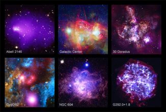 Die Bilder zum 20. Jahrestag des Chandra-Teleskops: Abell 2146, Sagittarius A*, 30 Doradus, Cygnus OB2, NGC 604 und G292 (Beschreibungen und Erklärungen siehe Text). (Credits: NASA / CXC / SAO)