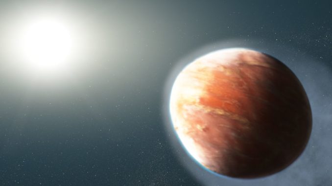 Künstlerische Darstellung des footballförmigen Exoplaneten WASP-121b mit seinem Zentralstern. (Credits: NASA, ESA, and J. Olmsted (STScI))