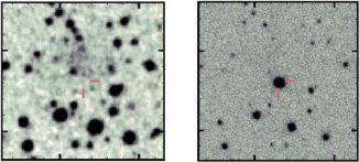 Vorher-Nachher-Bilder der Kernkollaps-Supernova ASASSN-15oz in der Galaxie HIPASSJ1919-33. (Credits: Bostroem et al. 2019)