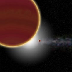 Künstlerische Darstellung des Systems Beta Pictoris. Mindestens zwei Riesenplaneten umkreisen den hier nicht sichtbaren Stern: Beta Pictoris c (vorne) und Beta Pictoris b (hinten). Im Hintergrund ist die Gas- und Staubscheibe dargestellt. (Credits: Rubini / AM Lagrange)