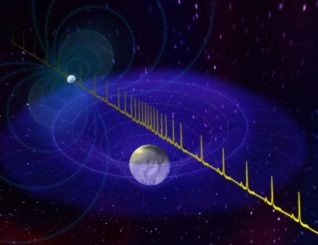 Künstlerische Darstellung des Pulses eines massereichen Neutronensterns, der aufgrund der Passage eines Weißen Zwergs zwischen dem Neutronenstern und der Erde verzögert eintrifft. (Credit: B. Saxton, NRAO / AUI / NSF)