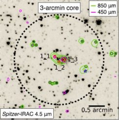 Infrarotbild des Galaxienhaufens HS1549. In dem fünf Millionen Lichtjahre großen markierten Bereich liegt die Sternentstehungsrate bei rund 10.000 Sonnenmassen pro Jahr. (Credit: Lacaille et al.)