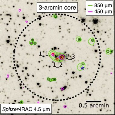 Infrarotbild des Galaxienhaufens HS1549. In dem fünf Millionen Lichtjahre großen markierten Bereich liegt die Sternentstehungsrate bei rund 10.000 Sonnenmassen pro Jahr. (Credit: Lacaille et al.) Infrarotbild des Galaxienhaufens HS1549. In dem fünf Millionen Lichtjahre großen markierten Bereich liegt die Sternentstehungsrate bei rund 10.000 Sonnenmassen pro Jahr. (Credit: Lacaille et al.)