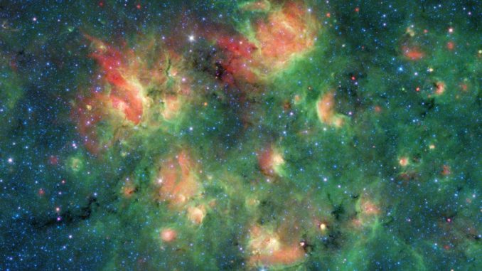 Eine Sternentstehungsregion im Sternbild Adler, aufgenommen vom Weltraumteleskop Spitzer in infraroten Wellenlängen. (Credits: NASA / JPL-Caltech) Eine Sternentstehungsregion im Sternbild Adler, aufgenommen vom Weltraumteleskop Spitzer in infraroten Wellenlängen. (Credits: NASA / JPL-Caltech)