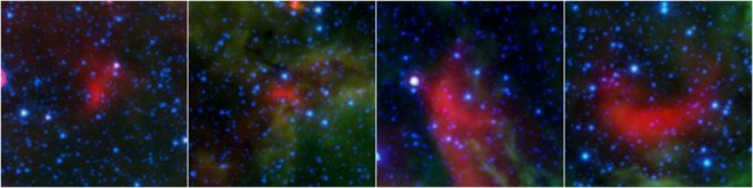 Vier Bow-Shocks aus warmem Staub. Sie entstehen, wenn sich Sterne mit starken stellaren Winden schnell durch das interstellare Medium aus Staub und Gas bewegen. (Credits: NASA / JPL-Caltech)