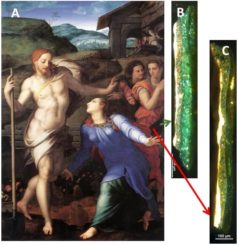 A: Das Bild Noli me tangere von Angolo Bronzino, ca. 1560. B zeigt die Verdunklung grüner Kupferpigmente in einem dem Licht ausgesetzten Bereich. C zeigt einen durch Rahmen geschützten Bereich, wo die Verdunklung nicht auftrat. (Credit: Inorganic Chemistry, M. Alter et al, 2019)