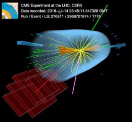 Ein Kandidatenereignis für ein Topquark/Antitopquark-Paar am CMS-Detektor. (Credits: Image: CMS / CERN)