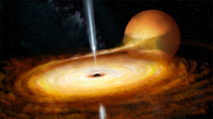 Künstlerische Darstellung des Systems MAXI J1820+070, basierend auf beobachteten Eigenschaften. (Credits: John Paice) Künstlerische Darstellung des Systems MAXI J1820+070, basierend auf beobachteten Eigenschaften. (Credits: John Paice)