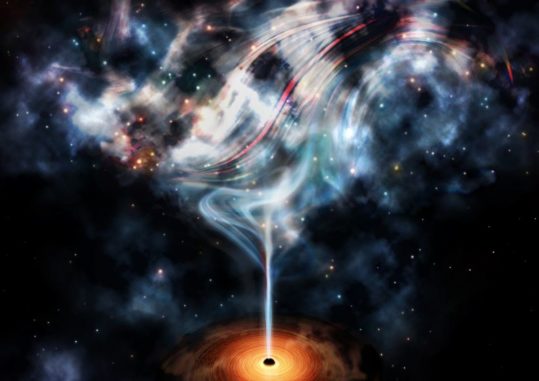 Künstlerische Darstellung des Jets von einem supermassiven Schwarzen Loch in Wechselwirkung mit dem Clusterwetter. (Credits: Institute of Astronomy, University of Cambridge / <a href='https://ras.ac.uk/licence/attribution-cc-40' target='_blank' rel="noopener noreferrer">CC BY 4.0</a>) Künstlerische Darstellung des Jets von einem supermassiven Schwarzen Loch in Wechselwirkung mit dem Clusterwetter. (Credits: Institute of Astronomy, University of Cambridge / CC BY 4.0)