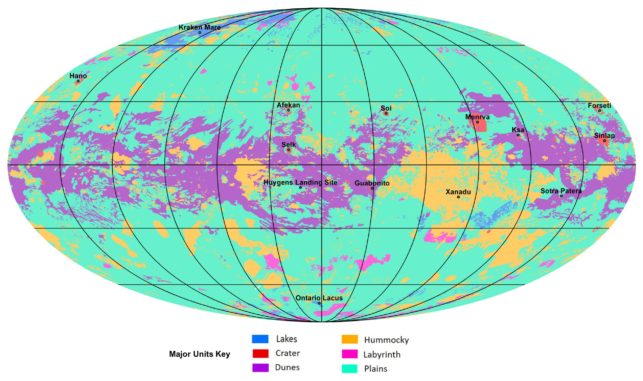 Vollständige geologische Karte des Saturnmondes Titan, basierend auf Cassini-Daten. (Credits: NASA / JPL-Caltech / ASU)