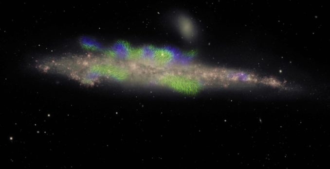 Kompositbild der Walgalaxie NGC 4631 und ihrer Magnetfelder, basierend auf Daten des Very Large Array und des Mayall 4-Meter-Teleskops. (Credits: Composite image by Jayanne English of the University of Manitoba, with NRAO VLA radio data from Silvia Carolina Mora-Partiarroyo and Marita Krause of the Max-Planck Institute for Radio Astronomy)