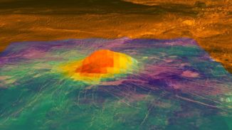 Dieses Bild zeigt den Vulkangipfel Idunn Mons in dem Gebiet Imdr Regio auf der Venus. Das Wärmemuster basiert auf Daten des Visible and Infrared Thermal Imaging Spectrometer (VIRTIS) an Bord der ESA-Raumsonde Venus Express. (Credit: NASA / ESA)