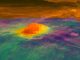 Dieses Bild zeigt den Vulkangipfel Idunn Mons in dem Gebiet Imdr Regio auf der Venus. Das Wärmemuster basiert auf Daten des Visible and Infrared Thermal Imaging Spectrometer (VIRTIS) an Bord der ESA-Raumsonde Venus Express. (Credit: NASA / ESA)