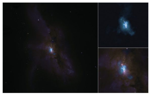 Die Galaxie NGC 6240, beobachtet von ALMA (oben) und Hubble (unten). (Credits: ALMA (ESO / NAOJ / NRAO), E. Treister; NRAO / AUI / NSF, S. Dagnello; NASA / ESA Hubble) Die Galaxie NGC 6240, beobachtet von ALMA (oben) und Hubble (unten). (Credits: ALMA (ESO / NAOJ / NRAO), E. Treister; NRAO / AUI / NSF, S. Dagnello; NASA / ESA Hubble)