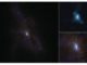 Die Galaxie NGC 6240, beobachtet von ALMA (oben) und Hubble (unten). (Credits: ALMA (ESO / NAOJ / NRAO), E. Treister; NRAO / AUI / NSF, S. Dagnello; NASA / ESA Hubble)