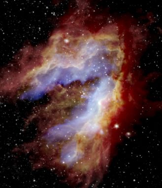 Kompositbild des Omega- oder Schwanennebels, basierend auf Daten des SOFIA-Teleskops, sowie der Weltraumteleskope Herschel und Spitzer. (Credits: NASA / SOFIA / De Buizer / Radomski / Lim; NASA / JPL-Caltech; ESA / Herschel)