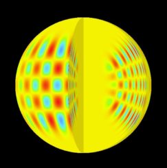 Illustration eins Modells, das Vibrationen in der Sonne visualisiert. (Credits: Kosovichev et al., Structure and Rotation of the Solar Interior: Initial Results from the MDI Medium-L Program)