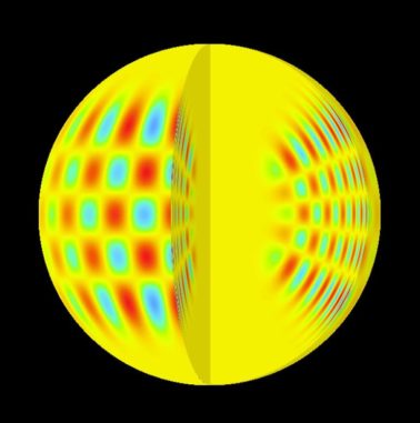 Illustration eins Modells, das Vibrationen in der Sonne visualisiert. (Credits: Kosovichev et al., Structure and Rotation of the Solar Interior: Initial Results from the MDI Medium-L Program) Illustration eins Modells, das Vibrationen in der Sonne visualisiert. (Credits: Kosovichev et al., Structure and Rotation of the Solar Interior: Initial Results from the MDI Medium-L Program)