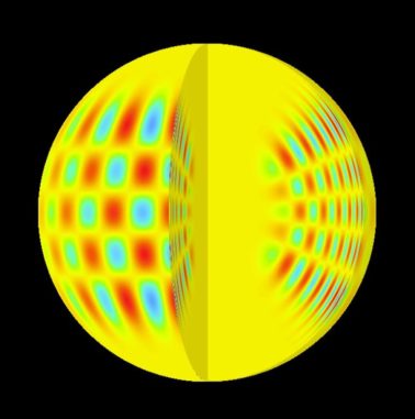 Illustration eins Modells, das Vibrationen in der Sonne visualisiert. (Credits: Kosovichev et al., Structure and Rotation of the Solar Interior: Initial Results from the MDI Medium-L Program)